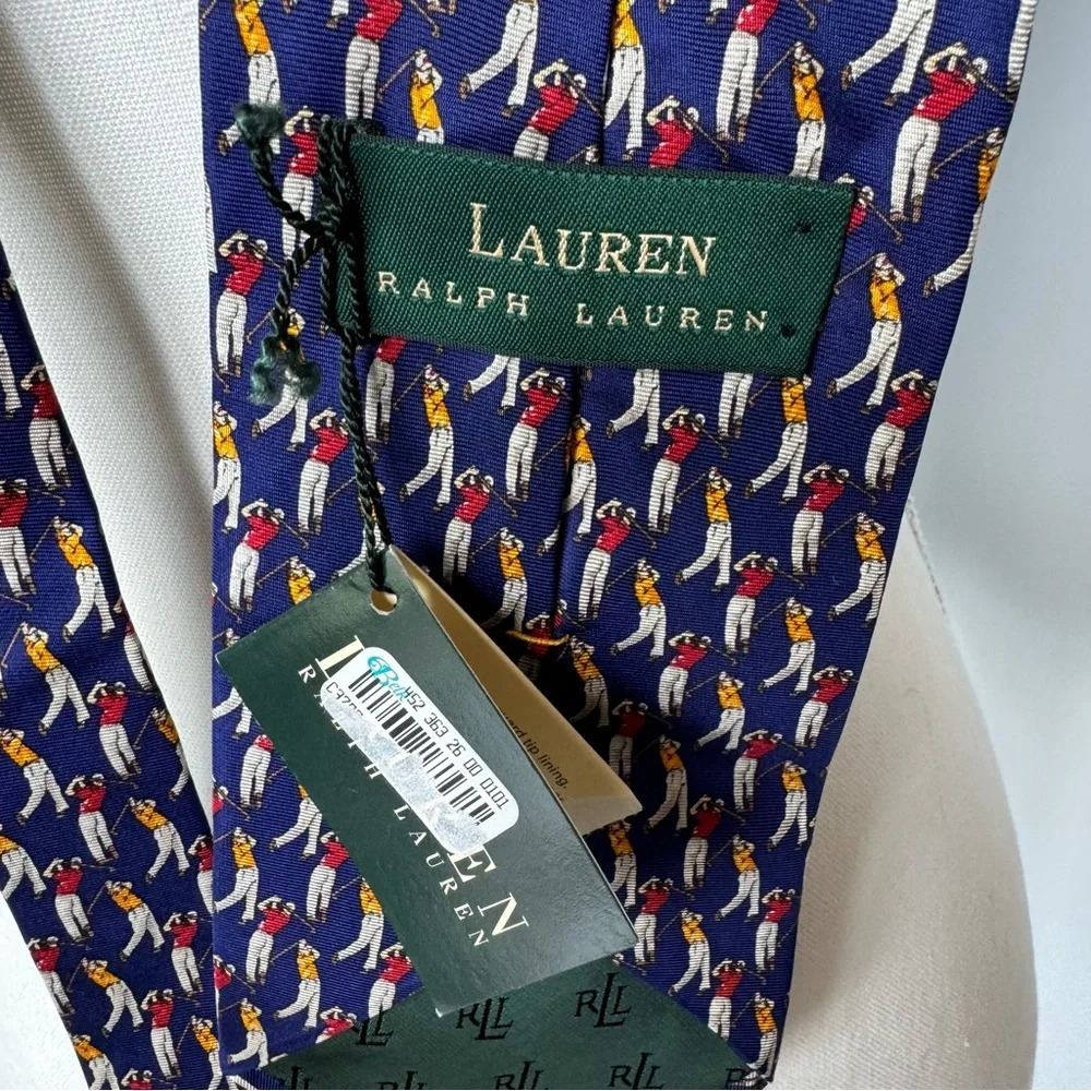 Lauren Ralph‎ Lauren Deadstock NWT Men's Silk Golf Tie Blue Red Yellow - Picture 3 of 8